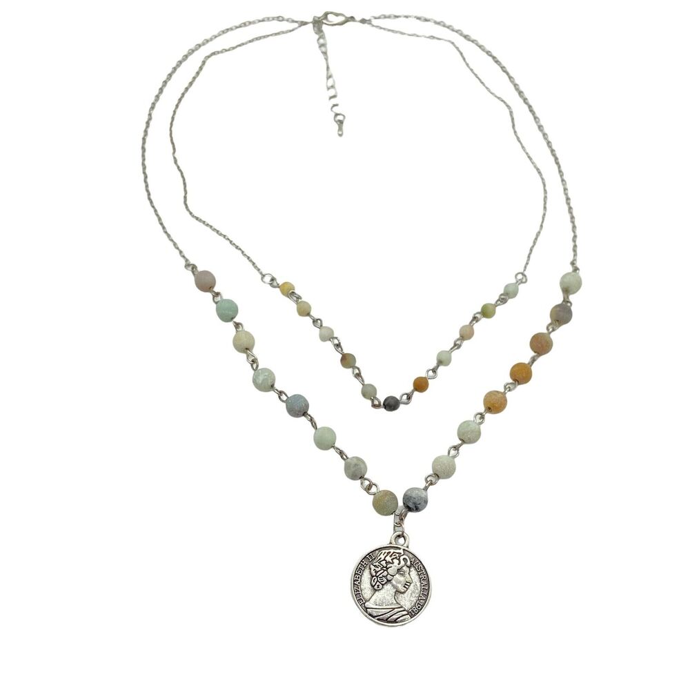 Australian Coin Necklace Womens Silver Tone Unpolished Stone Lobster Clasp 34"